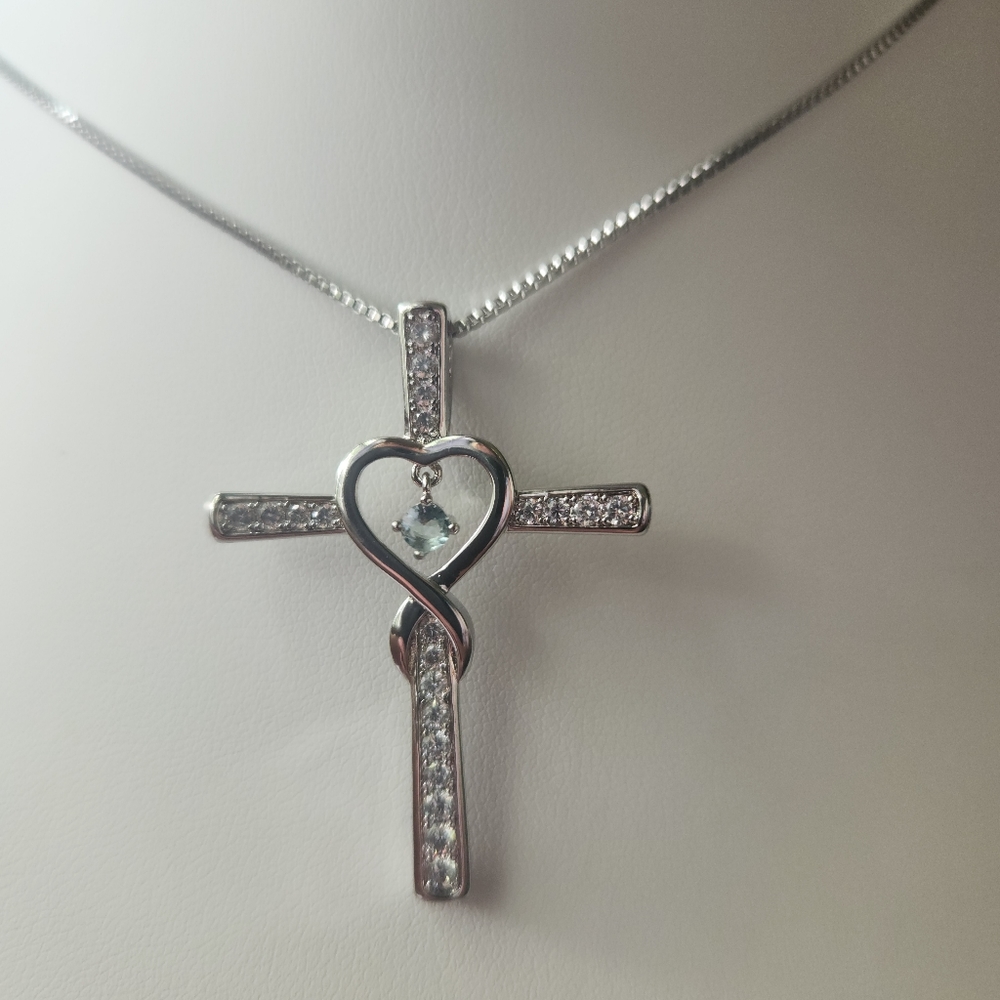 Aqua March Birthstone Cross Necklace